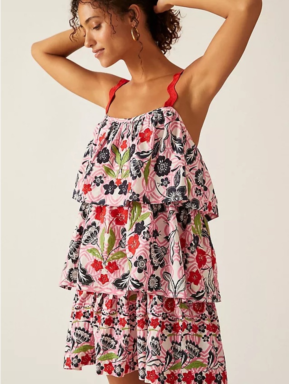 Maeve x Anthropologie Pink Floral Tiered Mini Dress with Red Straps